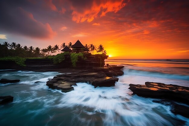 Foto o antigo pura ulun danu bratan besakih ou famoso templo hindu e turista na ilha de bali ao nascer do sol