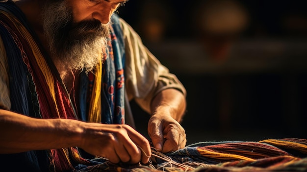 O antigo tecelão grego fazia togas intrincadas com fios coloridos