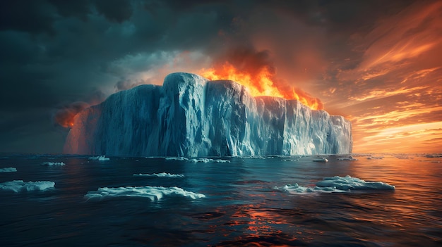 O aquecimento global ilustrando os pontos de derretimento dos glaciares devido às emissões de carbono Foto Real como derretimento