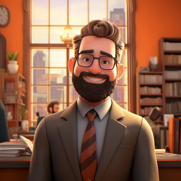 Foto o árbitro bigodudo abraçando elegância e excentricidade em um escritório de advocacia infundido pela pixar