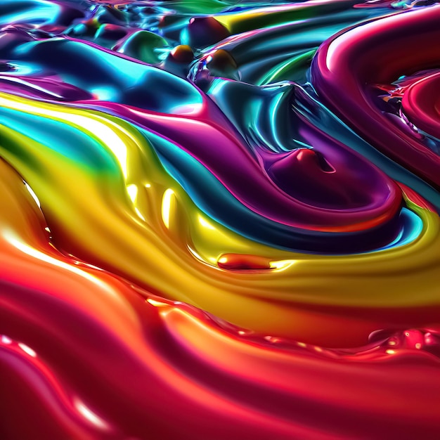 O arco-íris colore o fundo abstrato fluido dinâmico de plástico líquido realista Ilustração 3D digital