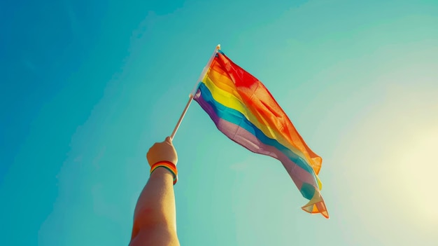 Foto o arco-íris em movimento agitando a bandeira sob o céu azul claro