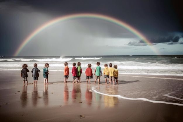 O arco-íris sobre um grupo de meninos e uma menina em pé na praia IA generativa