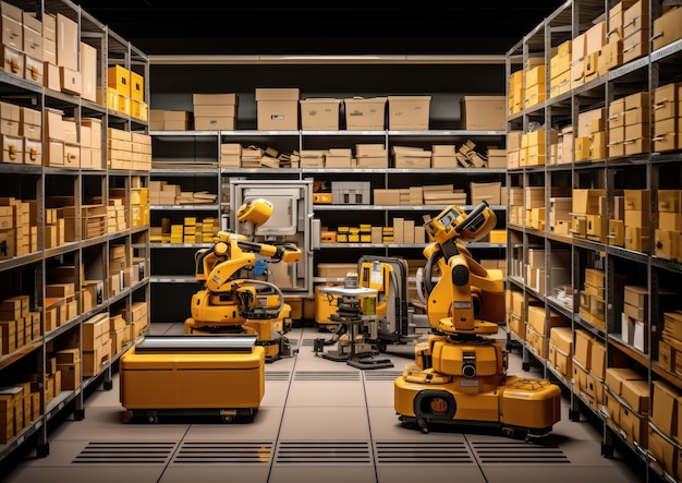 O armazém de uma loja de varejo onde robôs de IA classificam os produtos nas prateleiras com eficiência