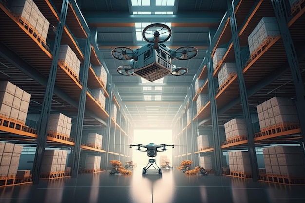 O armazém do futuro com drones voadores dentro da Generative AI