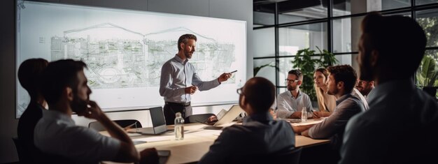 Foto o arquiteto-chefe desmonta um projeto novo num quadro branco com os seus colegas