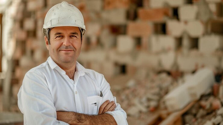 Foto o arquiteto o engenheiro o capataz da construção com os braços cruzados com o trabalho na parte de trás