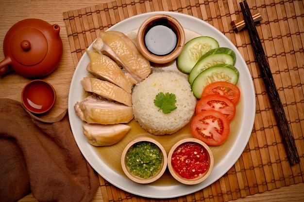 O arroz de frango Hainanês é servido com molho de pimenta, uma guarnição de slides de tomate e pepino e um molho feito de pasta de soja. Vista do topo