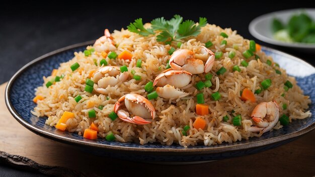 Foto o arroz frito de caranguejo nos ingredientes, o arranjo artístico no prato e o fascínio tentador.