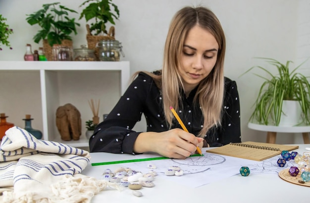 O astrólogo da mulher desenha um foco seletivo da carta natal