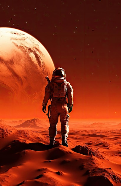 O astronauta anda na superfície de um planeta vermelho gerado por ai
