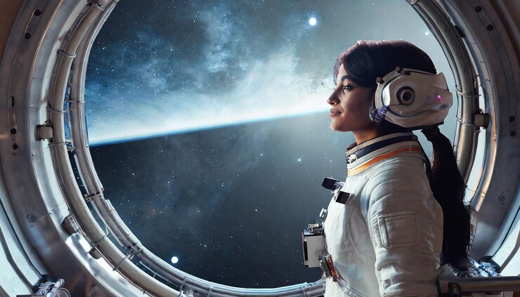 Foto o astronauta está olhando para o enorme iluminador de um interior de uma nave espacial desconhecida em um vazio