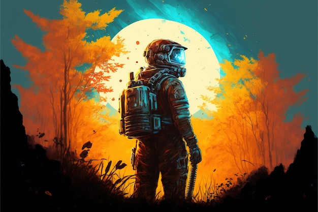 O astronauta no meio da floresta de outono e olhando para a luz estranha em sua mão ilustração de estilo de arte digital pintura conceito de fantasia de um astronauta se a floresta