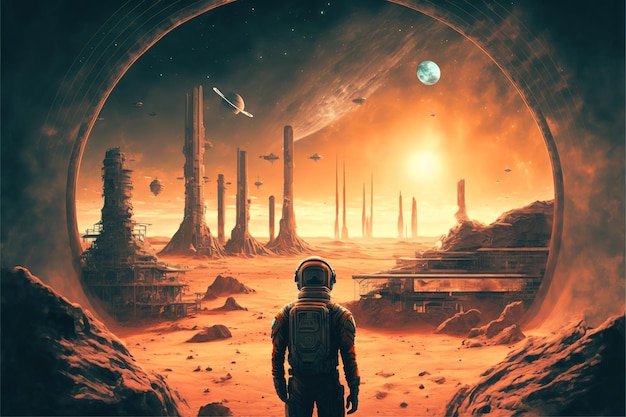 O astronauta olhando para o ferro-velho espacial no planeta alienígena estilo de arte digital ilustração pintura conceito de fantasia de um astronauta