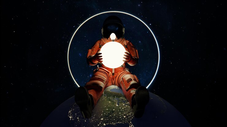 O astronauta senta-se no planeta Terra e segura o planeta estrela brilhante nas mãos Cosmonauta na exploração espacial da exploração do espaço sideral da Lua Nebulosas estrelas e galáxias em renderização 3d de fundo