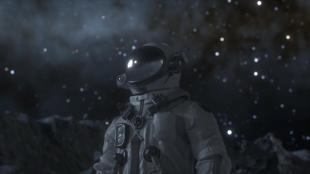 O astronauta sozinho está na superfície da lua entre as crateras. Renderização 3D.