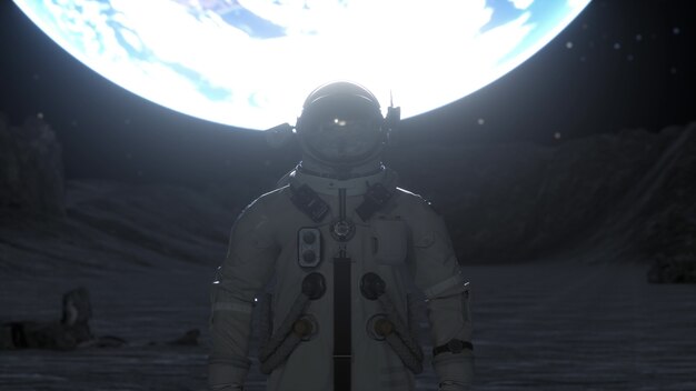 O astronauta sozinho está na superfície da lua, tendo como pano de fundo o planeta Terra. Renderização 3D.