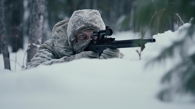 Foto o atirador militar visa o inimigo na floresta de inverno.