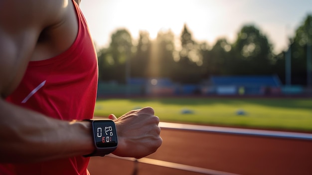 Foto o atleta monitora as estatísticas em tempo real na pista