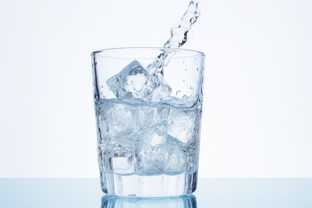 O ato de derramar água em um copo contendo gelo, capturado em uma fotografia, sozinho sobre um fundo branco liso.