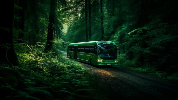 O autocarro atravessa a floresta. IA generativa.