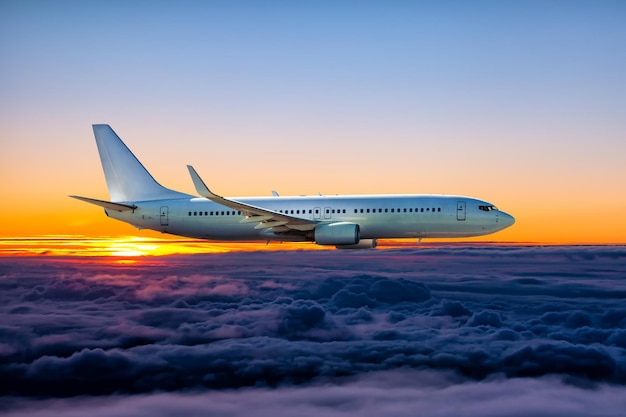 O avião branco do passageiro voa no céu do por do sol