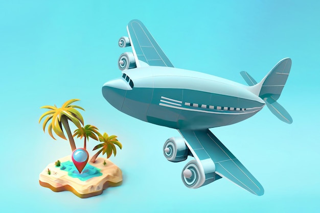 O avião de passageiros de brinquedo azul voa contra um céu turquesa para uma imagem 3d de ilha tropical paradisíaca