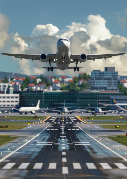 Foto o avião decola da pista de partida do aeroporto