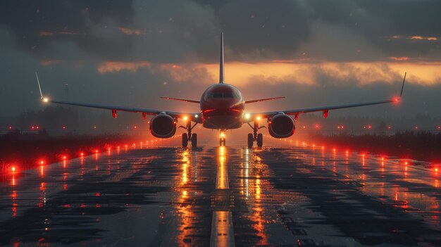 Foto o avião está pronto para decolar da pista com luzes apontando para essa direção