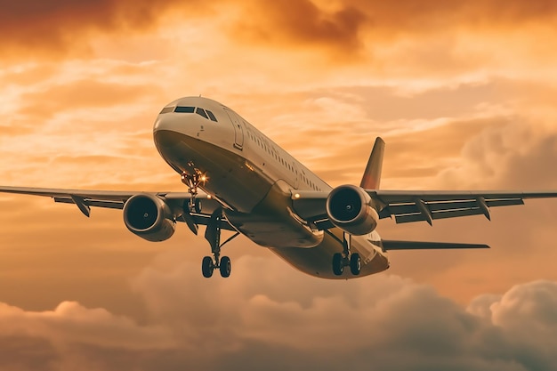 O avião está voando no céu nublado