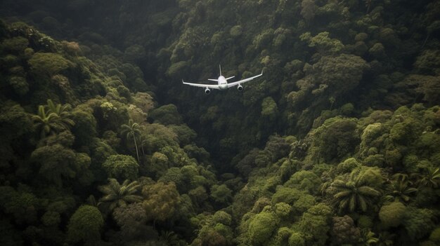 O avião turístico Liner voa sobre a vista aérea da selva tropical arborizada AI gerada
