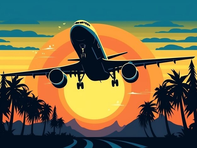 O avião voa durante a ilustração vetorial do pôr do sol