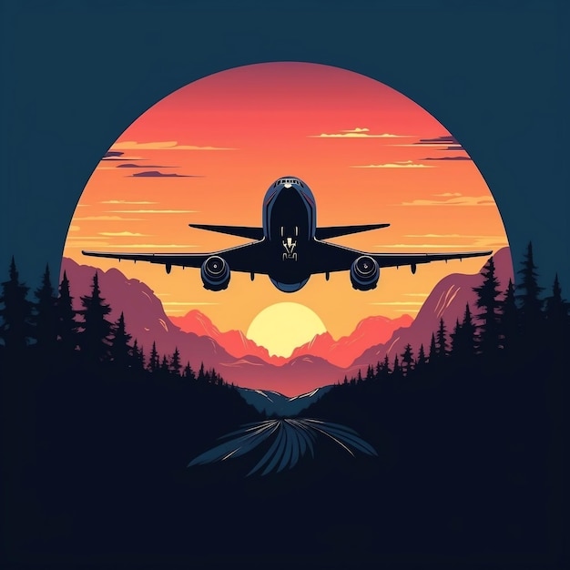 O avião voa durante a ilustração vetorial do pôr do sol
