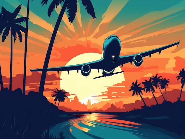 O avião voa durante a ilustração vetorial do pôr do sol