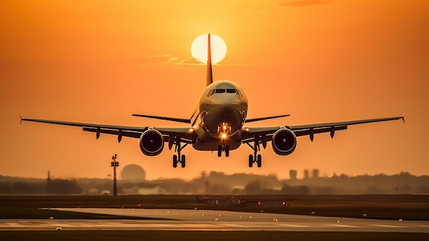 O avião voa em direção ao sol poente Bela imagem de ilustração IA generativa