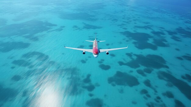 O avião voa sobre a superfície azul do mar conceito de transporte