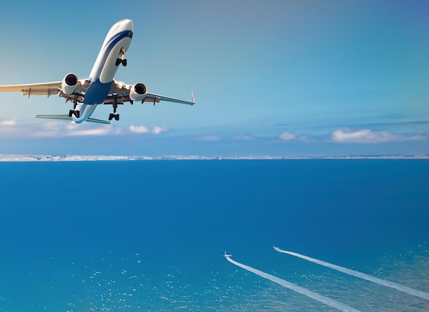 O avião voa sobre o mar