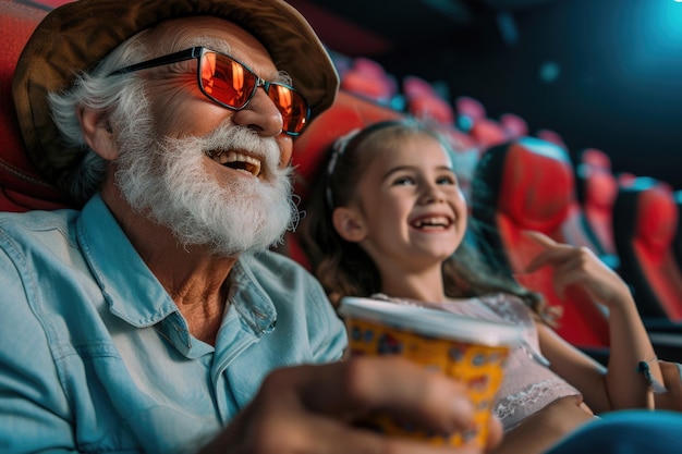 Foto o avô e a neta gostam de rir no cinema.