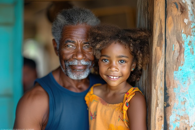 O avô olha diretamente para a câmera com a neta. Ambos estão sorrindo.