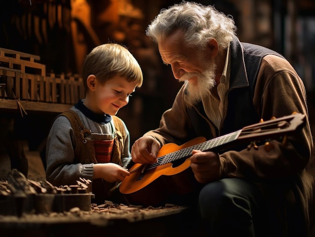 O avô tocando guitarra para o neto.