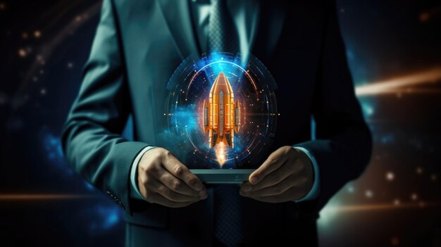 O azul tecnológico do holograma de um foguete no tablet mantido por um empresário simboliza