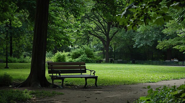 Foto o banco do parque é um lugar de solidão e reflexão, um lugar para escapar da agitação da vida cotidiana e se conectar com a natureza.