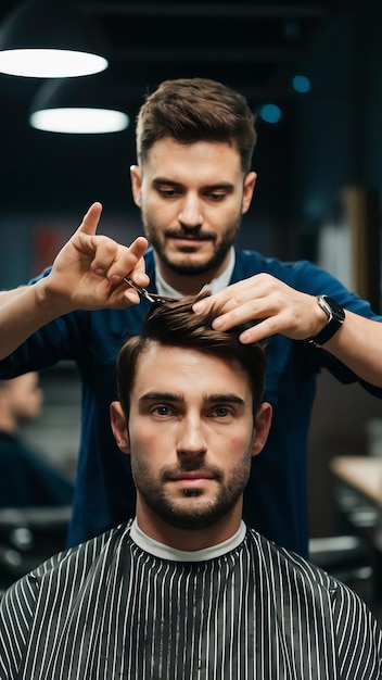 O barbeiro corta o cabelo do homem com tesouras.