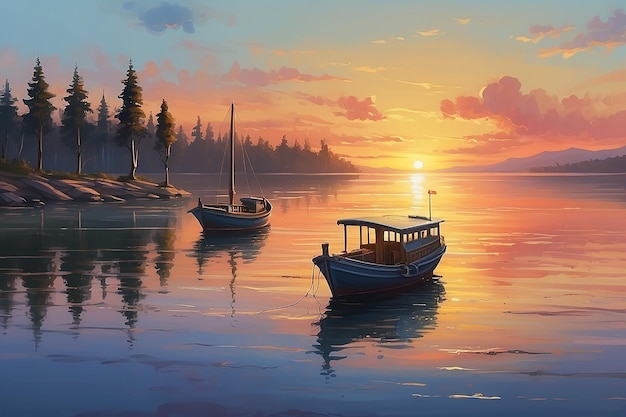 O barco está ancorado ao pôr-do-sol