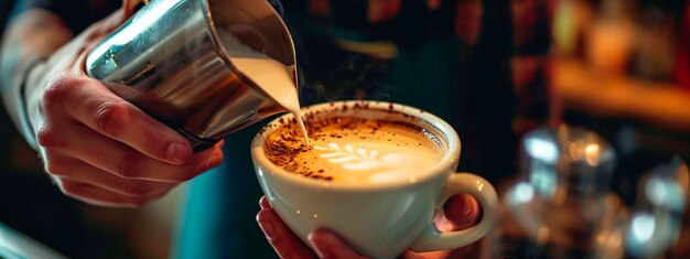 O barista despeja leite numa chávena de café. Foco seletivo.