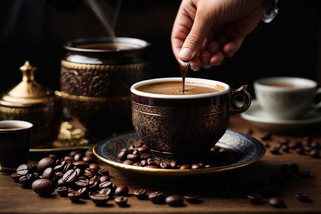 O barista diligente está preparando café com leite fresco para os clientes para o coffee break na cafeteria