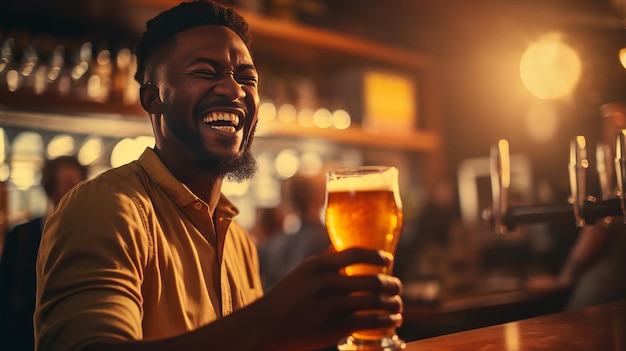 O barman afro-americano entrega cerveja fresca no pub