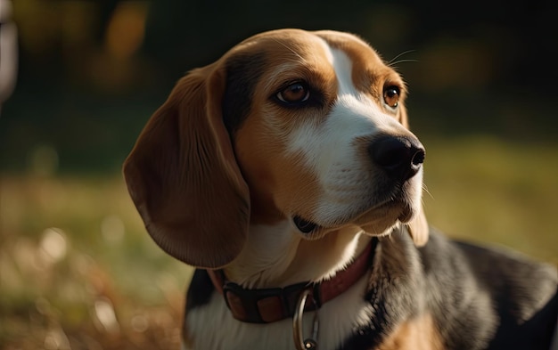 O Beagle está sentado na grama no parque. Uma foto de publicidade profissional foi gerada.