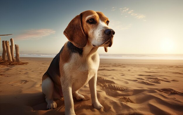 O Beagle está sentado na praia. Uma foto de publicidade profissional foi gerada.