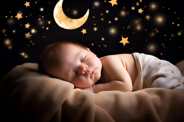 O bebê está dormindo confortável sob as estrelas e a lua Generative AI 5